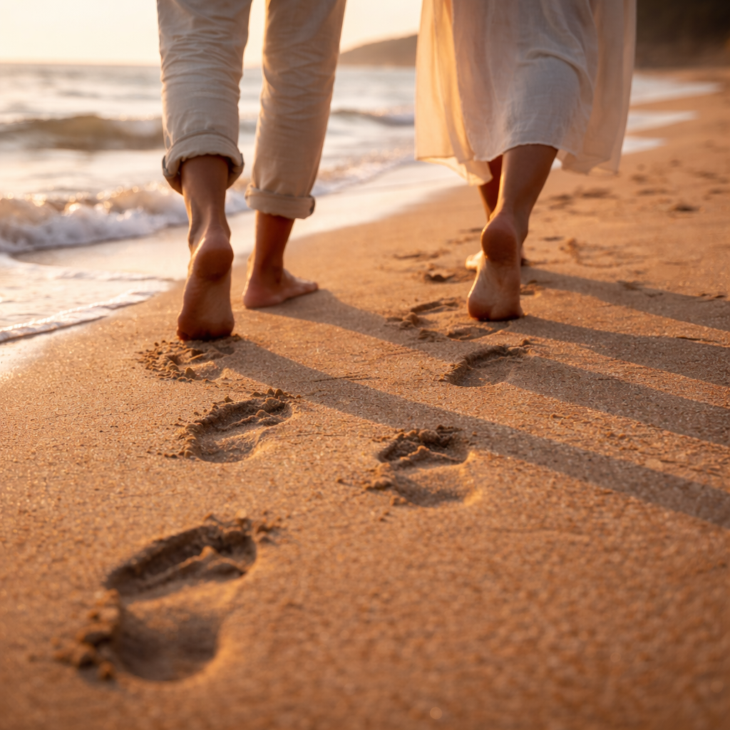 Piedi nudi che camminano insieme sulla spiaggia al tramonto, simbolo del camminare bene e dei passi condivisi.