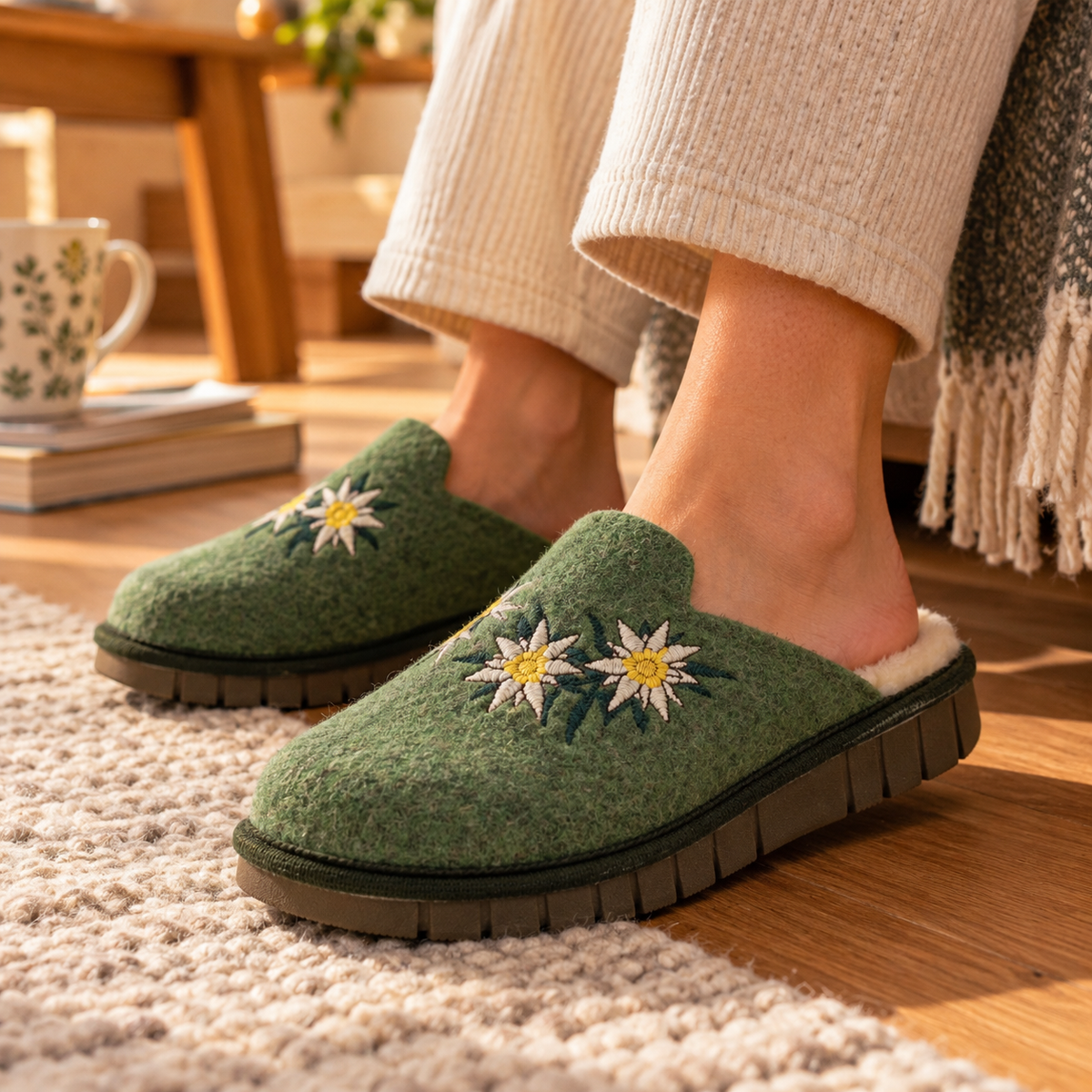 Pantofole Le Tirolesi verdi in lana cotta con stelle alpine ricamate, indossate in casa su un pavimento in legno accanto a un morbido tappeto.