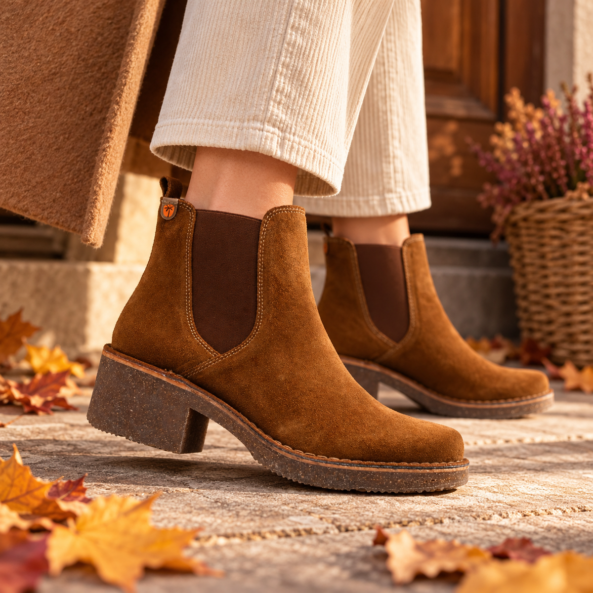 Stivaletti Chelsea marroni in pelle indossati da una donna seduta su una panca in legno, in un'ambientazione autunnale con foglie e colori caldi.