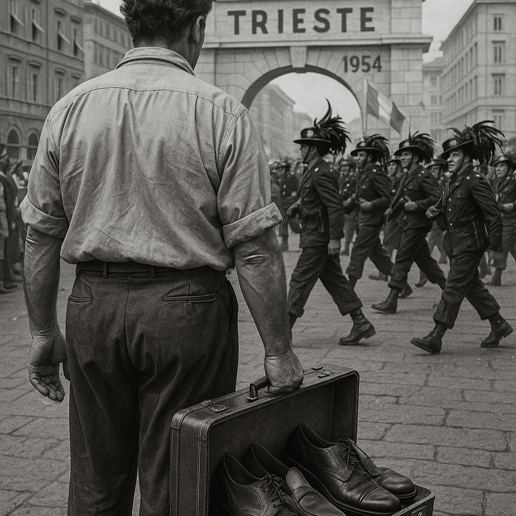 Aldo Becheroni à Trieste en 1945 avec des valises remplies d'échantillons de chaussures, allié aux Bersaglieri – origines de Pli-Pla Calzature