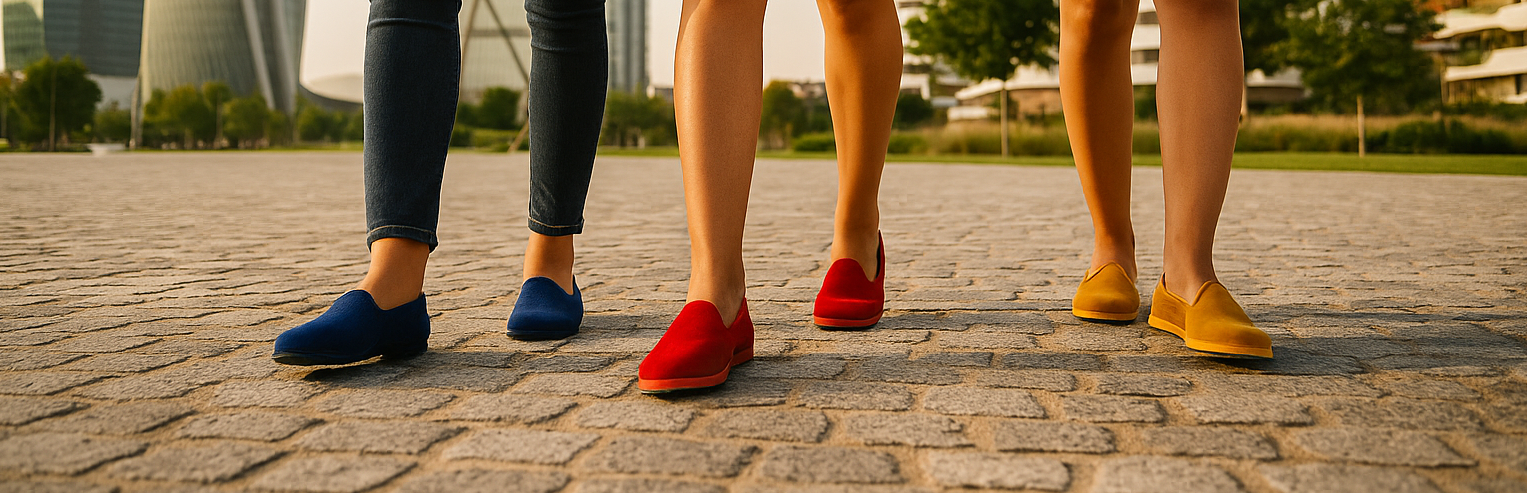 Tre ragazze camminano tutto i giorno con le friulane di Pli-Pla i velluto ai piedi per le strade di City Life
