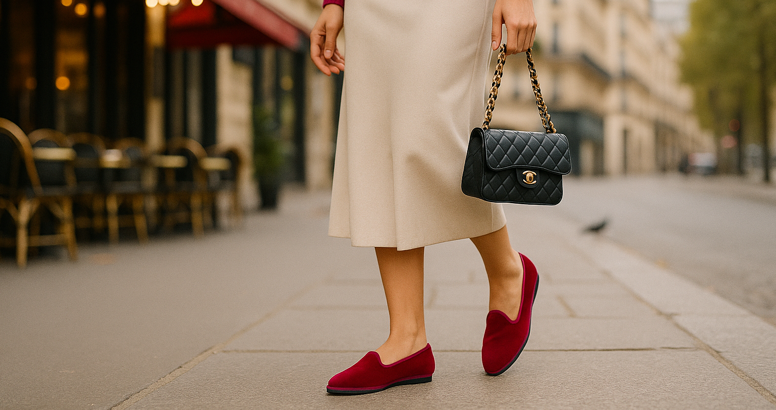 Una donna passeggia per il centro di Milano con delle friulane artigianali rosse comprate da Pli-Pla