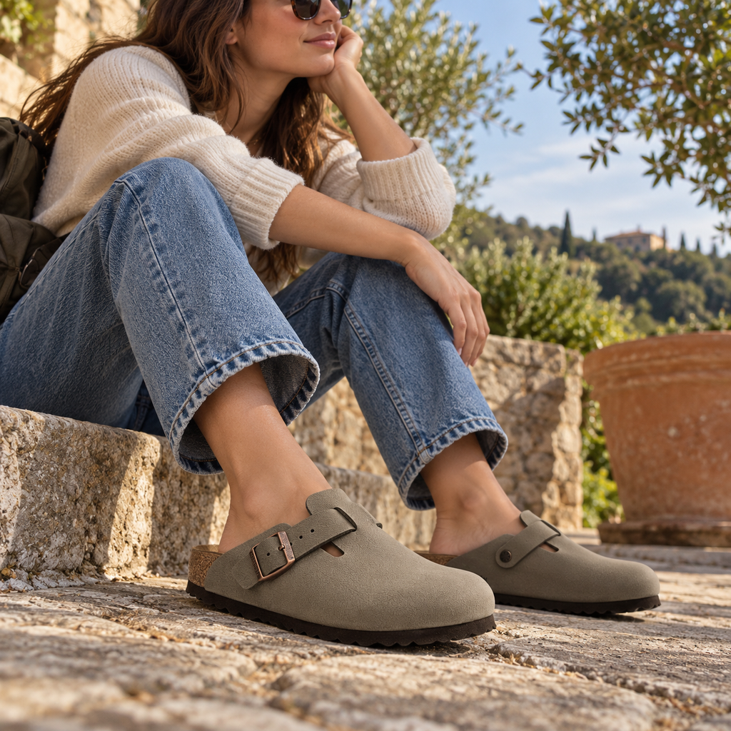 Birkenstock Boston – sabot in Birko-Flor con plantare anatomico - stone - scarpe di qualità venduta a Milano da Pli-Pla