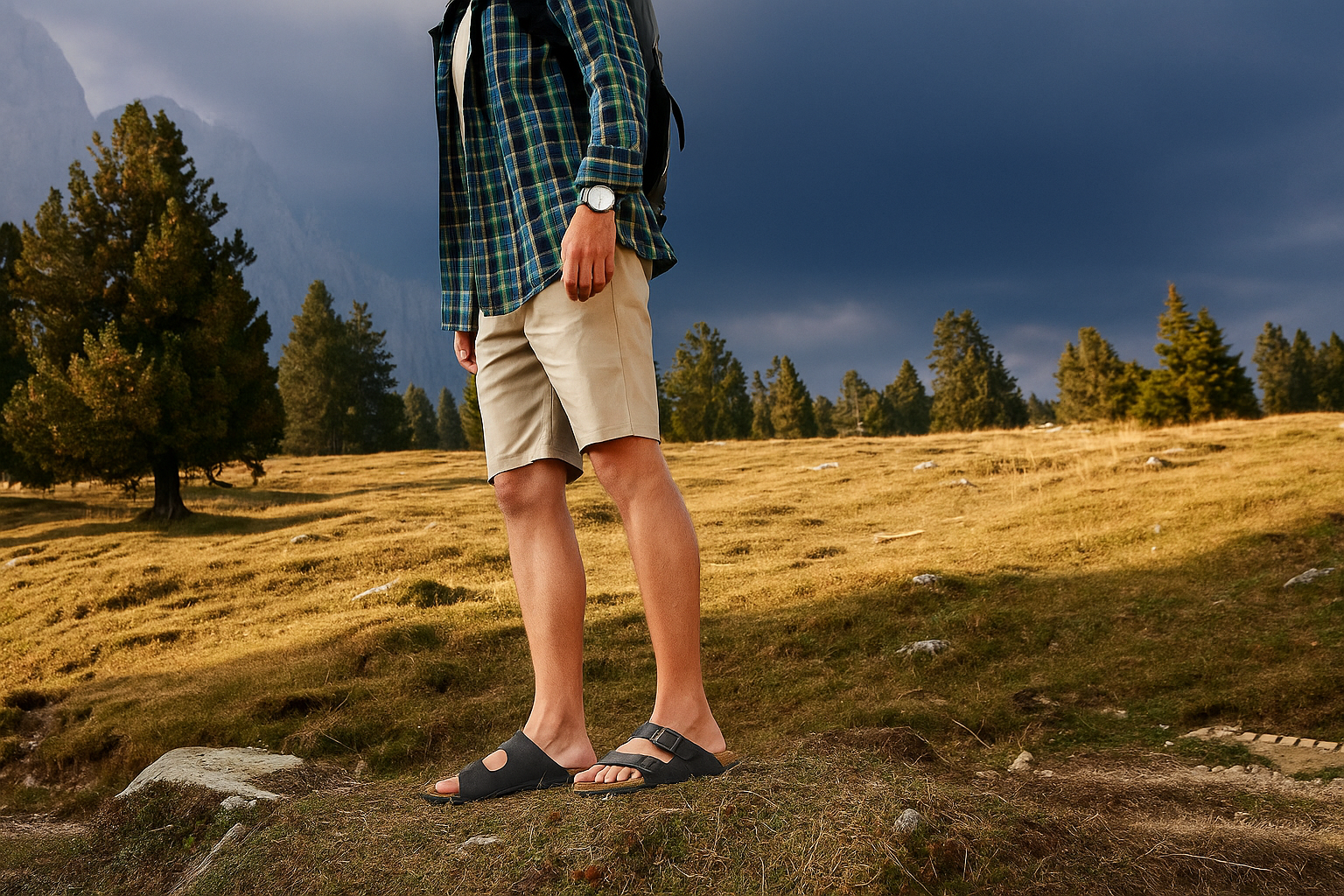 un uomo fa trekking in montagna indossando le Birkenstock Arizona nere comprate da Pli-Pla