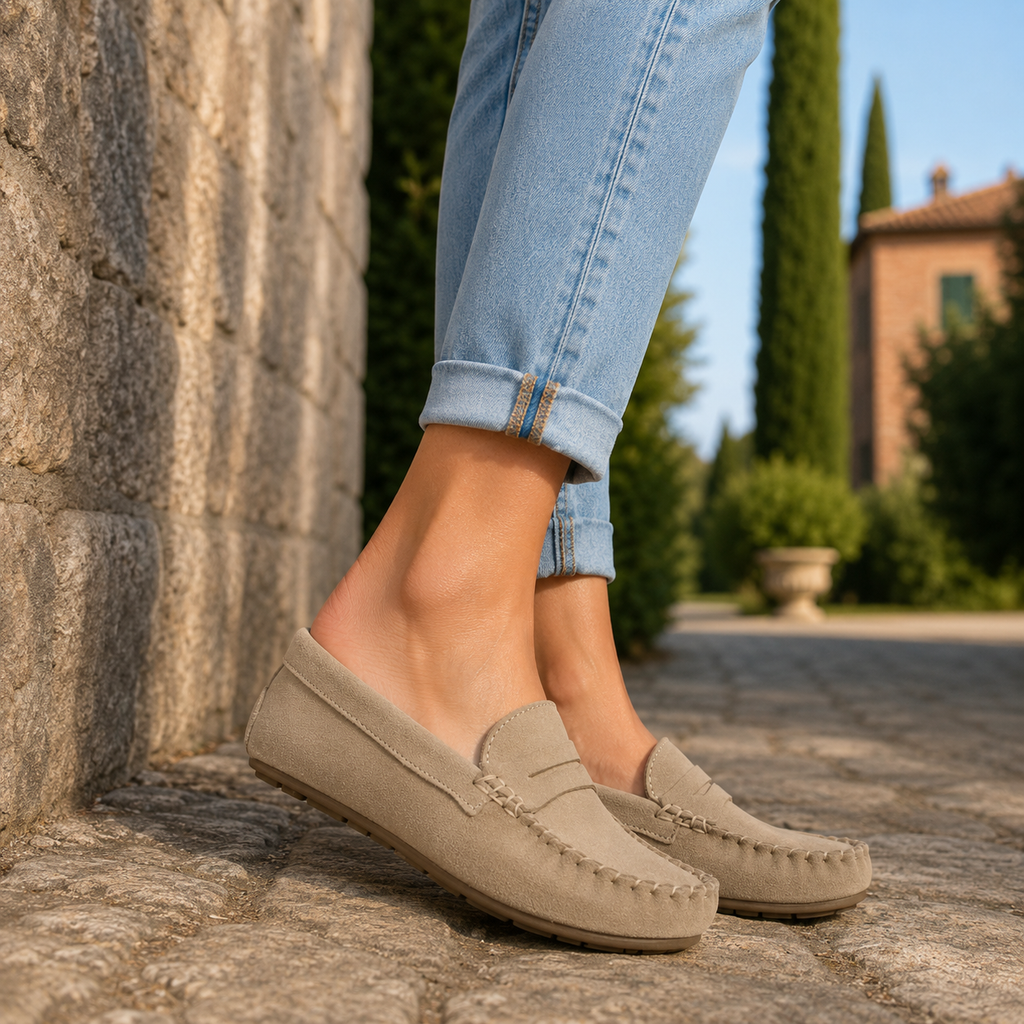Cristin Judi – Mocassini donna in pelle scamosciata beige - scarpe di qualità venduta a Milano da Pli-Pla