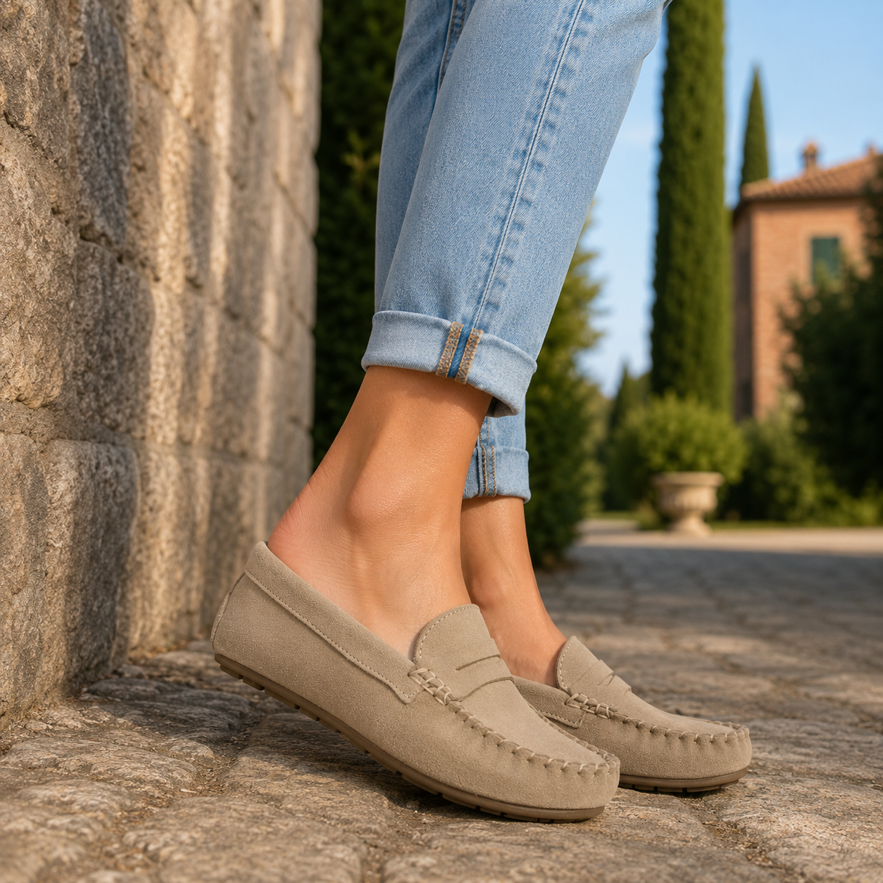 Cristin Judi – Mocassini donna in pelle scamosciata beige - scarpe di qualità venduta a Milano da Pli-Pla