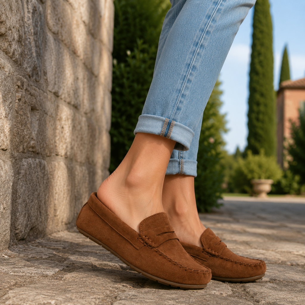 Cristin Judi – Mocassini donna in pelle scamosciata cuoio - scarpe di qualità venduta a Milano da Pli-Pla