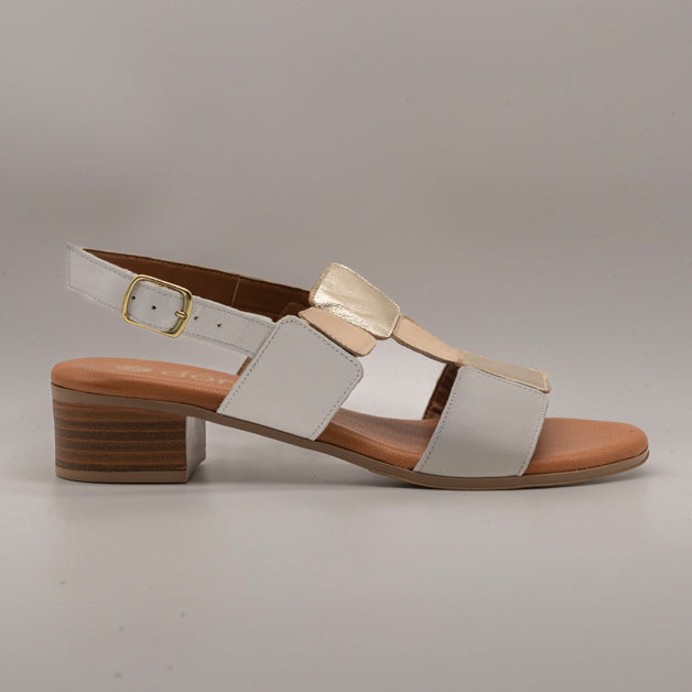 Dorea MR232240 – sandalo in pelle con tacco basso e tomaia decorata - bianco/oro - scarpe di qualità venduta a Milano da Pli-Pla