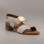 Dorea MR232240 – sandalo in pelle con tacco basso e tomaia decorata - bianco/oro - scarpe di qualità venduta a Milano da Pli-Pla