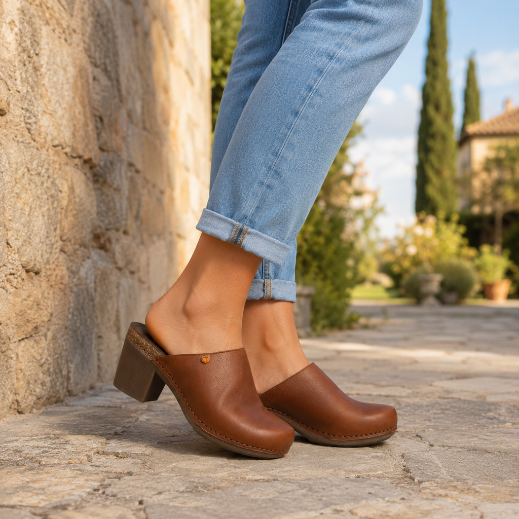 Jungla 7855 – Zoccolo sabot donna in pelle con tacco cuoio - scarpe di qualità venduta a Milano da Pli-Pla