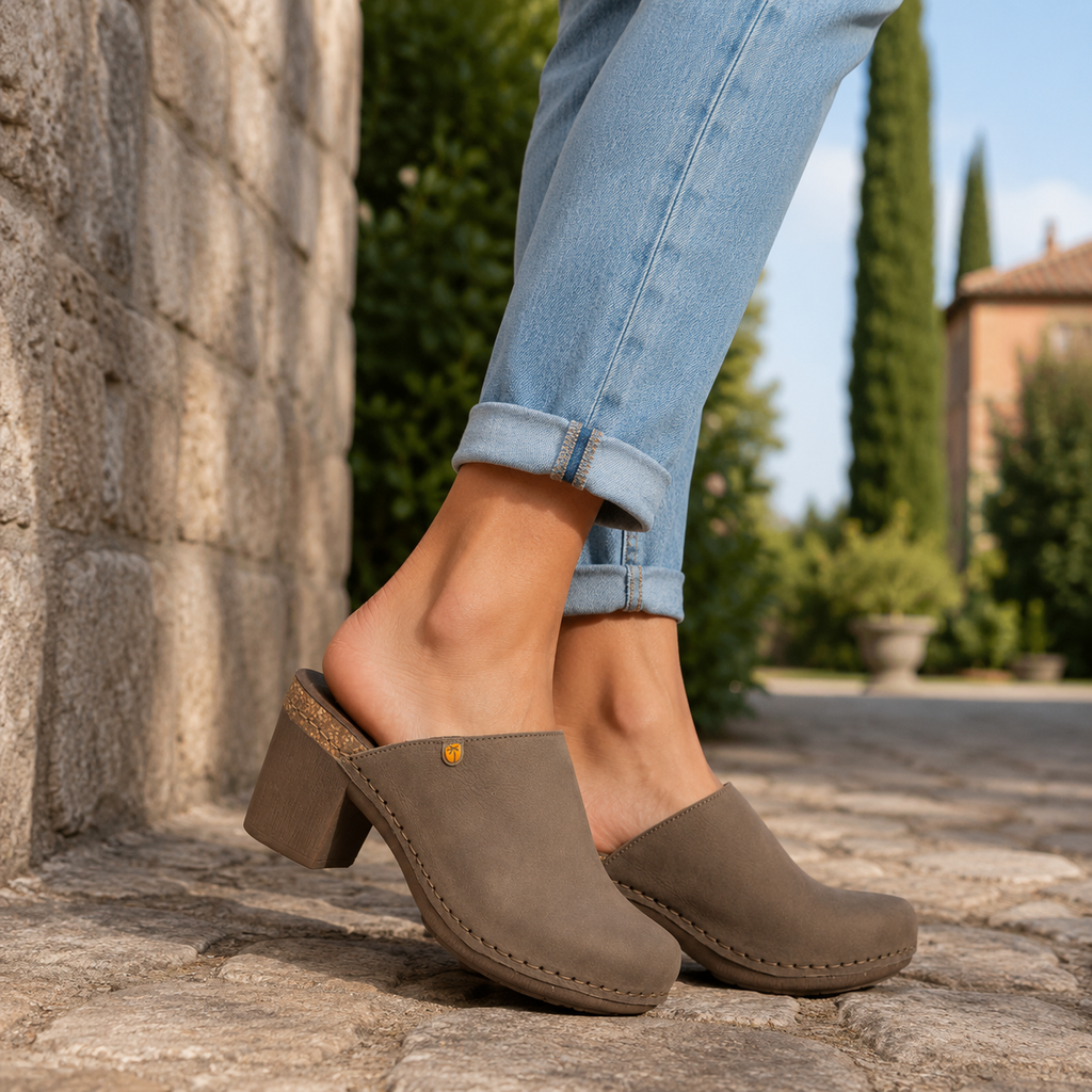 Jungla 7855 – Zoccolo sabot donna in pelle con tacco nubuck terron - scarpe di qualità venduta a Milano da Pli-Pla