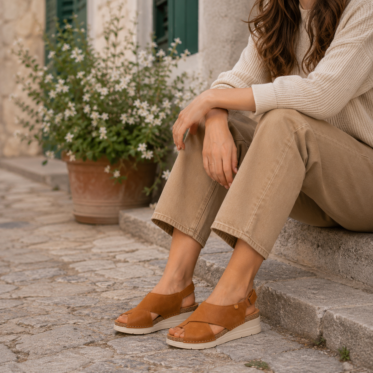 Jungla 8027 – sandalo in pelle nabuk con fasce incrociate e zeppa comfort - arancio zucca - scarpe di qualità venduta a Milano da Pli-Pla