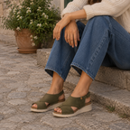 Jungla 8027 – sandalo in pelle nabuk con fasce incrociate e zeppa comfort - verde Prado - scarpe di qualità venduta a Milano da Pli-Pla