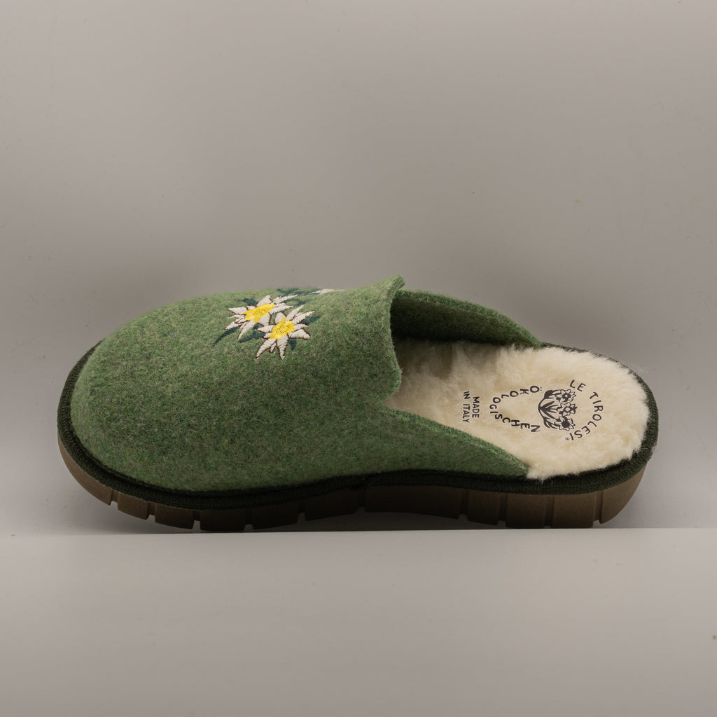 Le Tirolesi 1010 – Ciabatte donna in lana cotta con pelo - verde mela - scarpe di qualità venduta a Milano da Pli-Pla