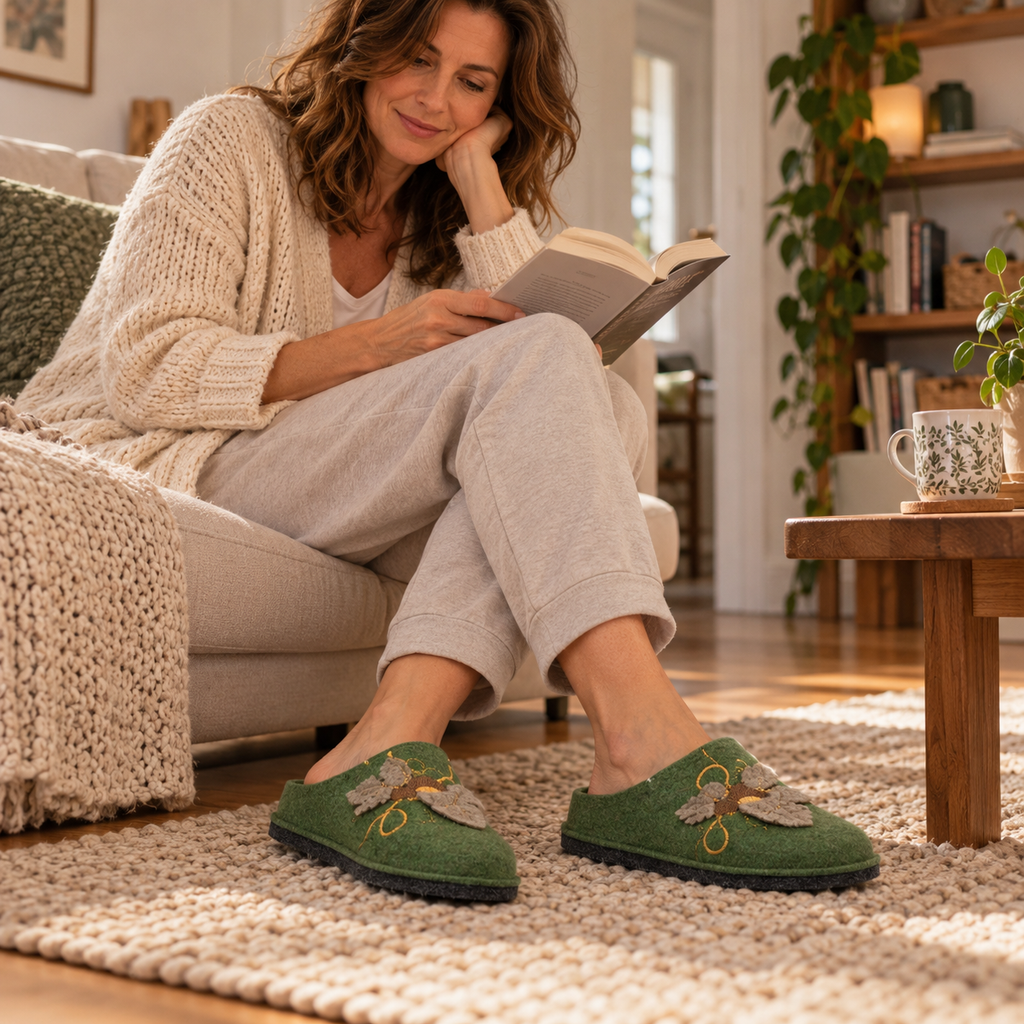 Le Tirolesi 764 – Pantofole donna in lana con ricamo autunnale - verde - scarpe di qualità venduta a Milano da Pli-Pla