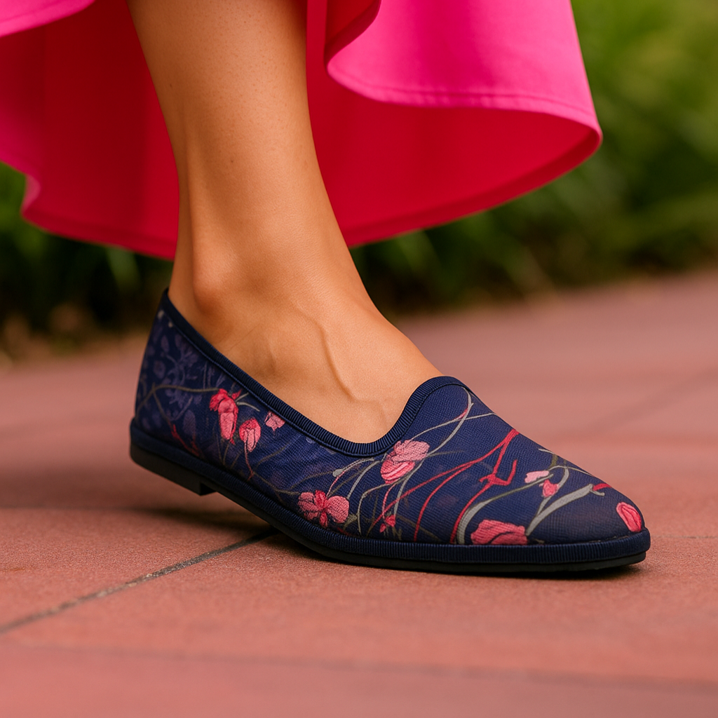 modella che indossa le friulane limited edition batik blu con fantasia floreali di Pli-Pla