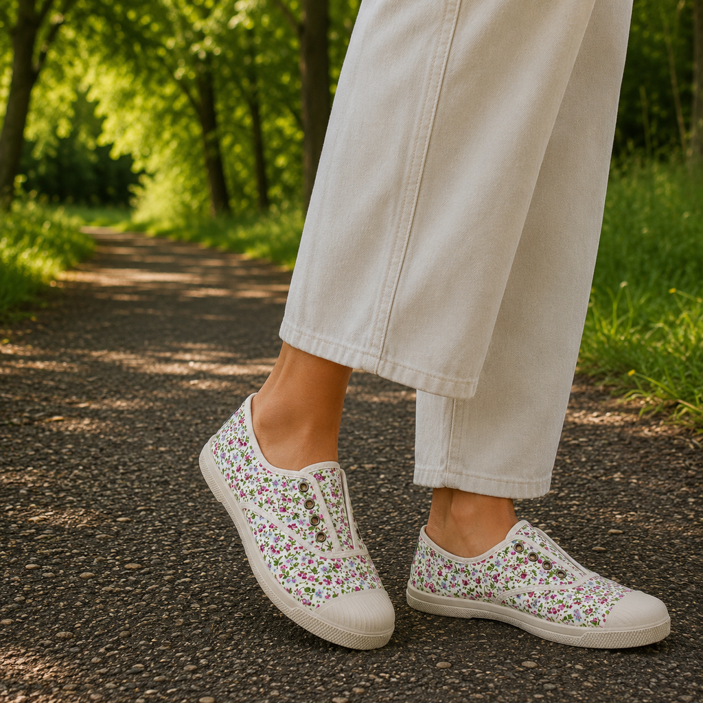 Natural World Koala 119 – slip-on in cotone organico comode e traspiranti - bianco a fiori - scarpe di qualità venduta a Milano da Pli-Pla
