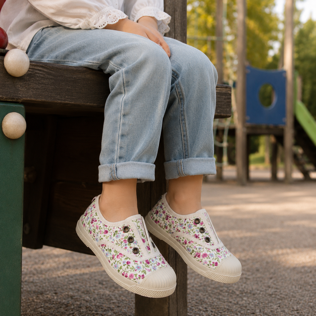 Natural World Leria 471 – sneaker bambino in cotone organico leggere e traspiranti - bianco a fiori - scarpe di qualità venduta a Milano da Pli-Pla
