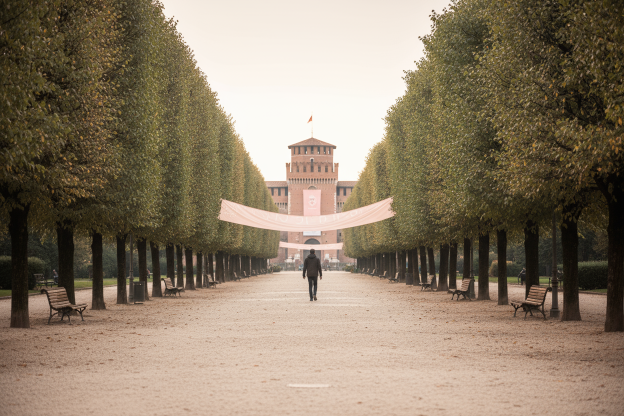 Un uomo cammina per un viale del parco Sempione a Milano dirigendosi verso il castello Sforzesco