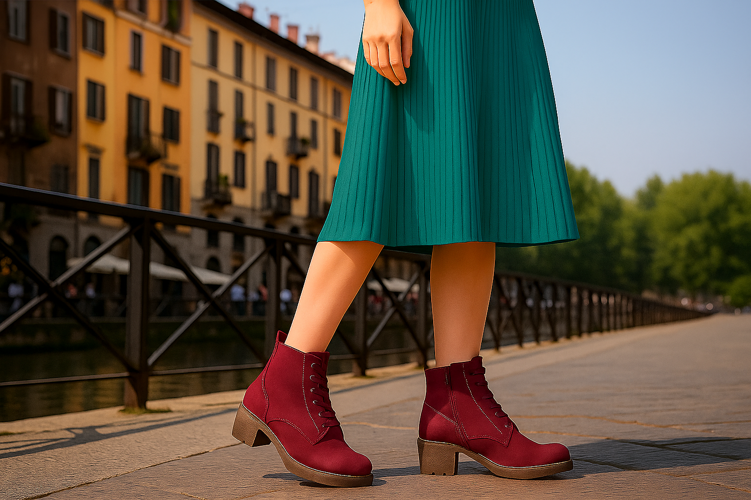 una donna passeggia per i navigli milanesi con ai piedi degli stivaletti Jungla comprati da Pli-Pla 