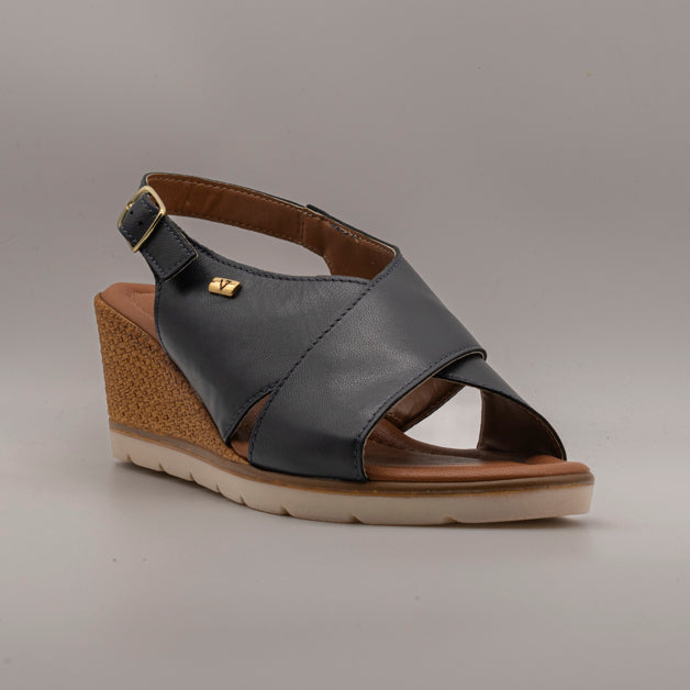 Valleverde 16253 – sandalo in pelle con fasce incrociate e zeppa comfort - blu navy - scarpe di qualità venduta a Milano da Pli-Pla
