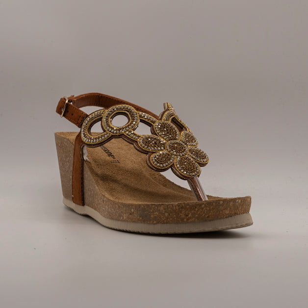 Valleverde 60030 – sandalo infradito in pelle con zeppa in sughero e decorazioni - rame - scarpe di qualità venduta a Milano da Pli-Pla