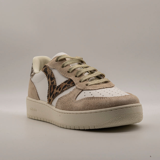 Victoria Madrid 1258277 – Sneakers donna pelle bianca e camoscio leopardato con glitter - platino - scarpe di qualità venduta a Milano da Pli-Pla